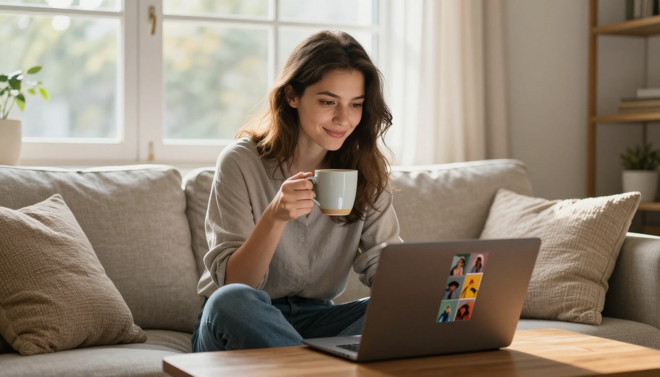 Young woman designer sitting cross-legged on a sofa browsing AI-generated images on a laptop