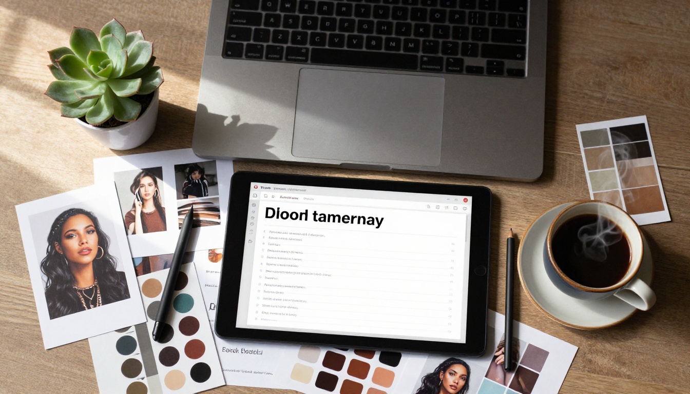 Top-down flat lay of a creative workspace with MacBook, mood board prints, Wacom tablet, and coffee