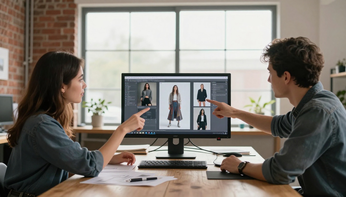 Man and woman creative team pointing enthusiastically at a monitor showing AI-generated fashion images in a bright open-plan studio
