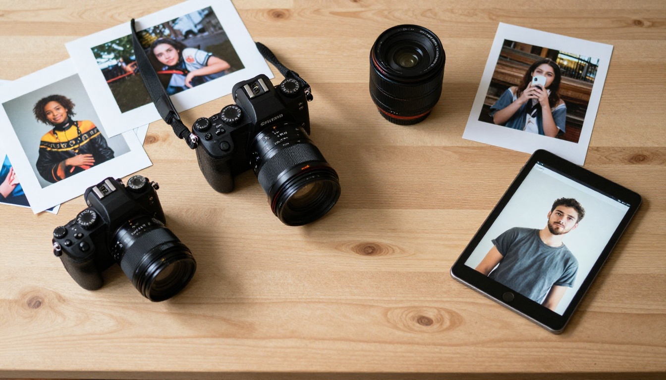 A photographer's creative workspace with camera and tablet showing AI image generation interface