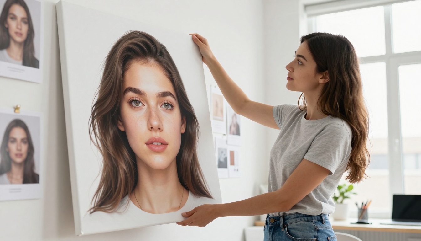 A female graphic designer holding a large printed canvas with AI-generated portrait in a bright studio