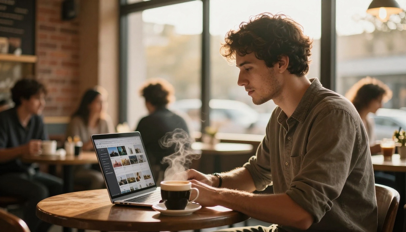 A male social media manager working on a laptop in a cafe, reviewing image posts on screen