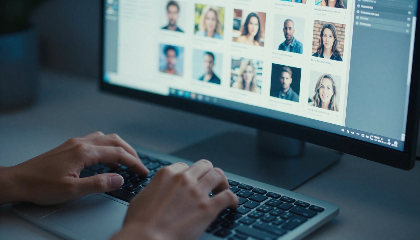 Close-up of hands typing on keyboard with comparison grid of AI-generated versus stock images on monitor