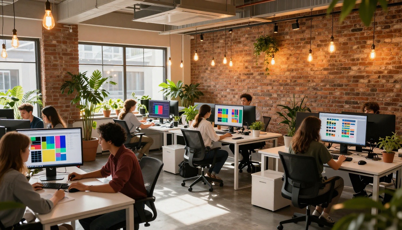 Modern creative agency office space with diverse designers working at bright desks with colorful projects on screens