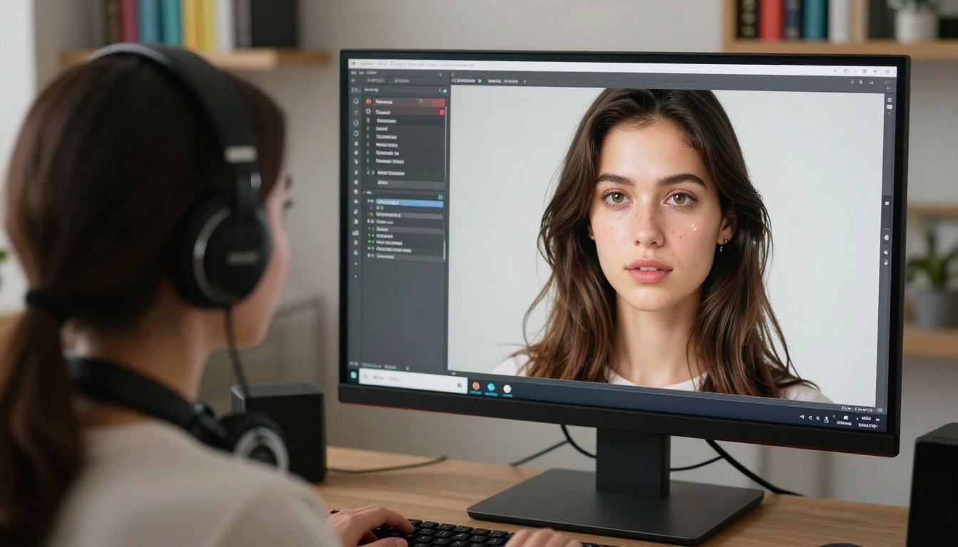 Female content creator at home studio, over-the-shoulder view of AI image generation split-screen interface