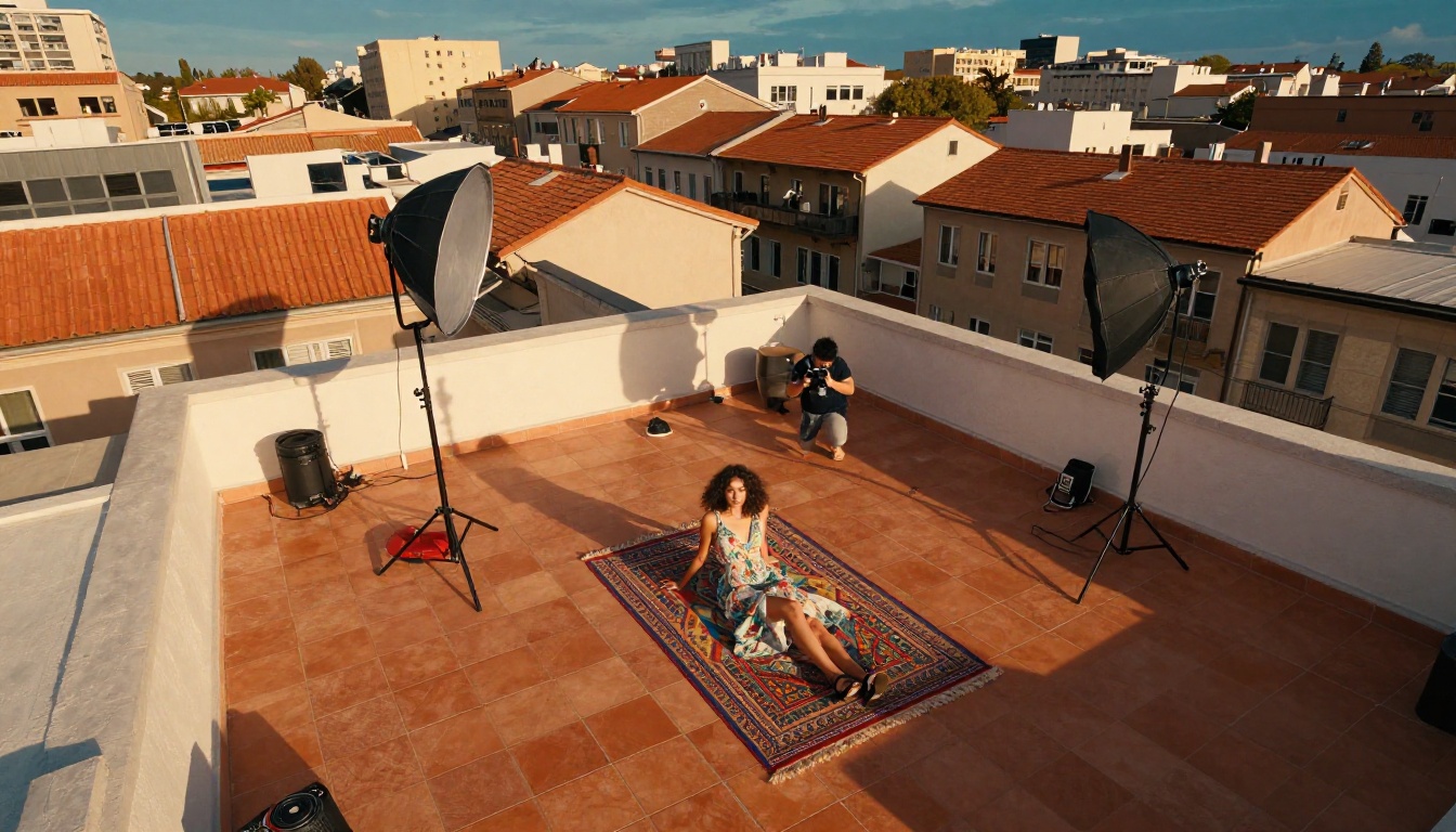 Aerial drone shot looking straight down at a rooftop terrace photoshoot with model in floral dress and photographer