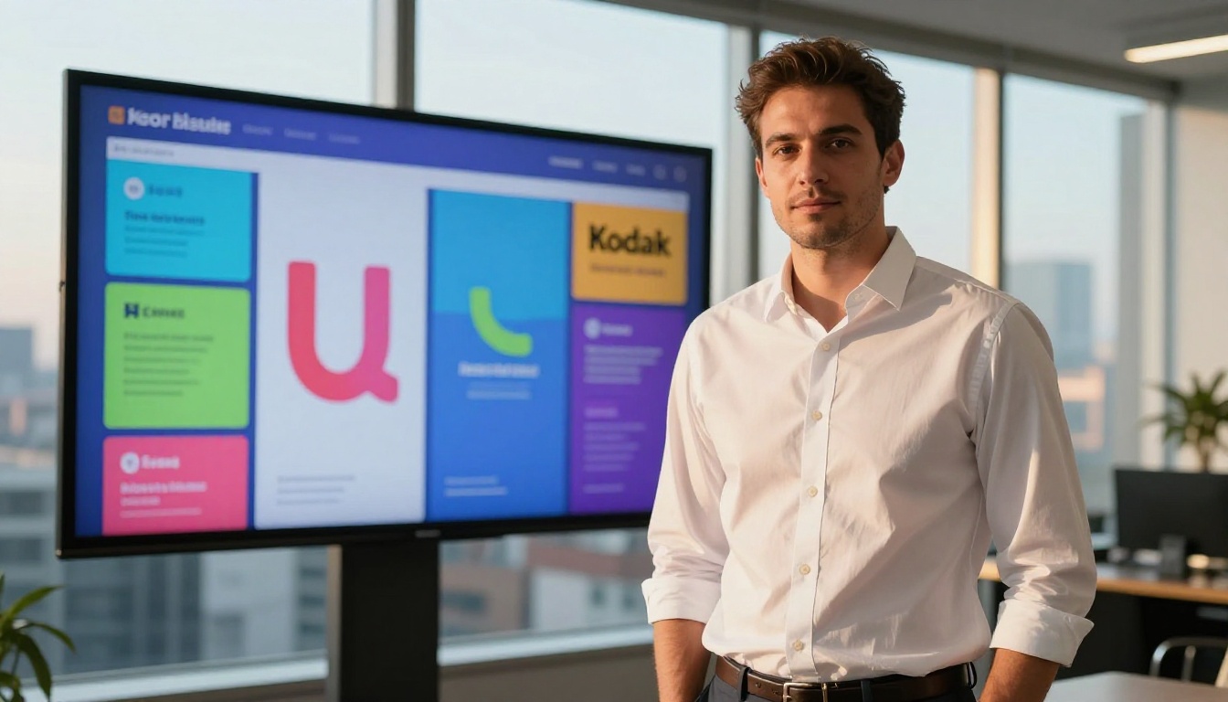 Confident male entrepreneur standing in front of large digital display with branding mockups in a modern glass office