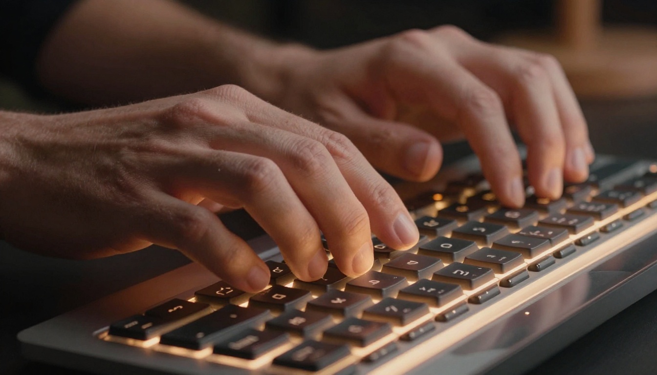Content creator hands on keyboard with AI video dashboard Content creator hands on keyboard with AI video dashboard