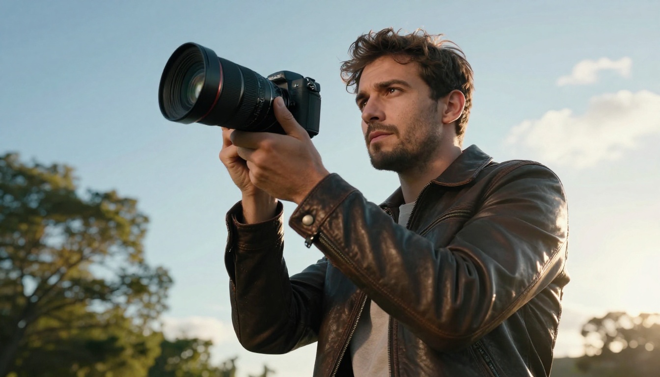 Videographer outdoors low angle with professional camera golden hour Videographer outdoors low angle with professional camera golden hour