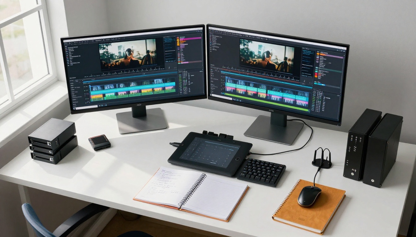 Aerial overhead view of a professional video editing workspace Aerial overhead view of a professional video editing workspace