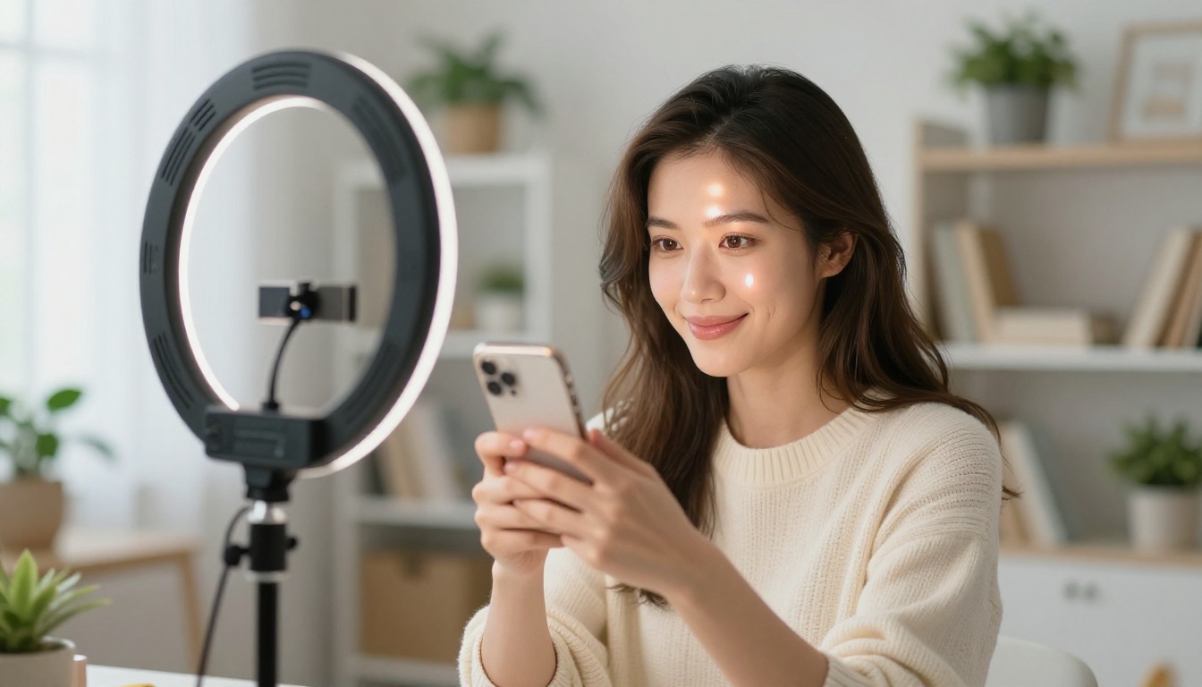 YouTuber recording in home studio with ring light YouTuber recording in home studio with ring light