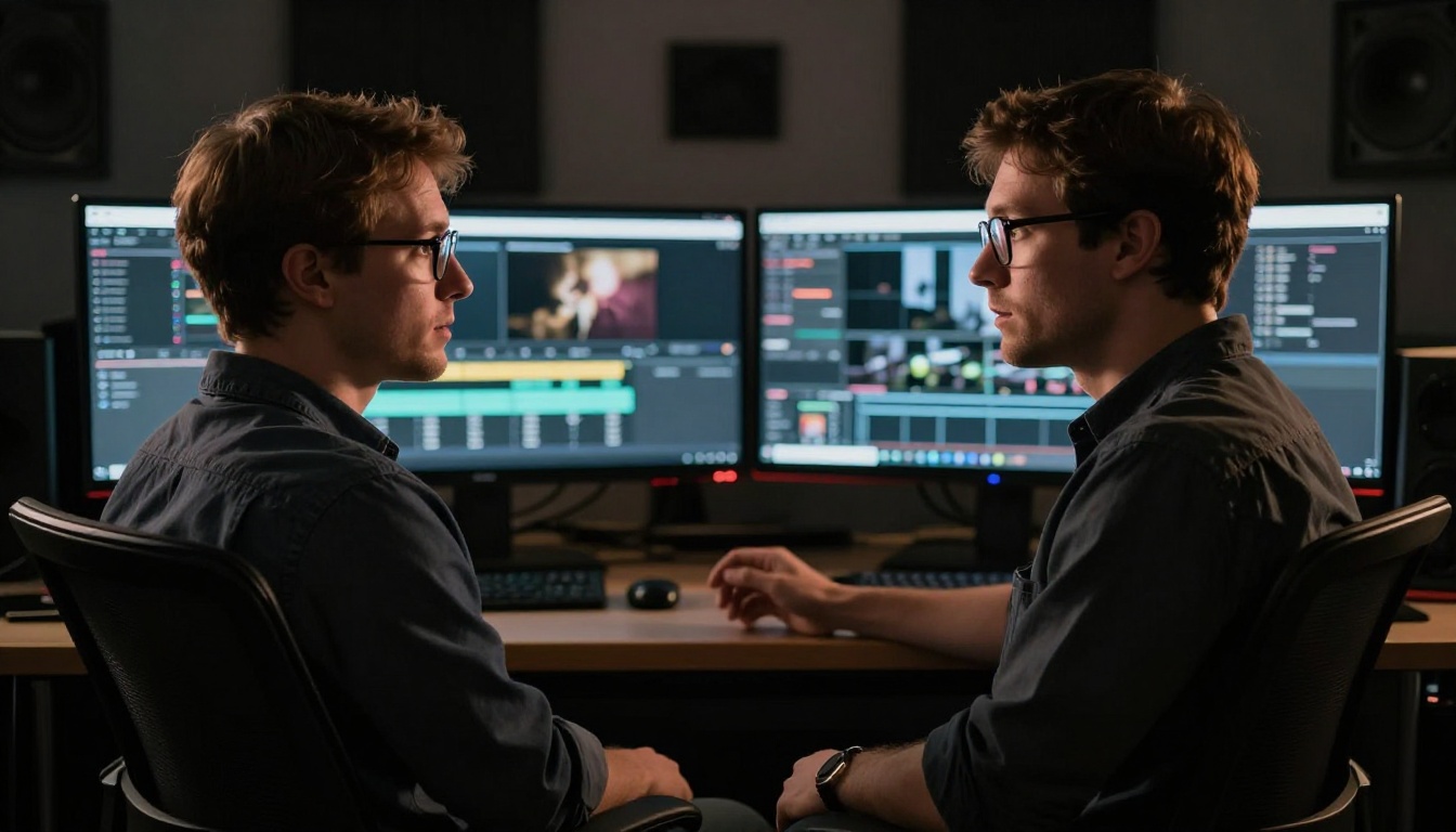 Male video producer reviewing footage in dark professional edit suite