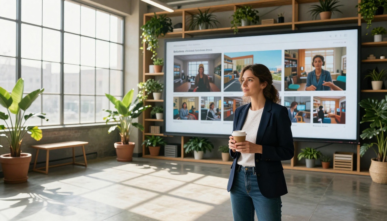 Woman with coffee mug in creative studio with AI video storyboards
