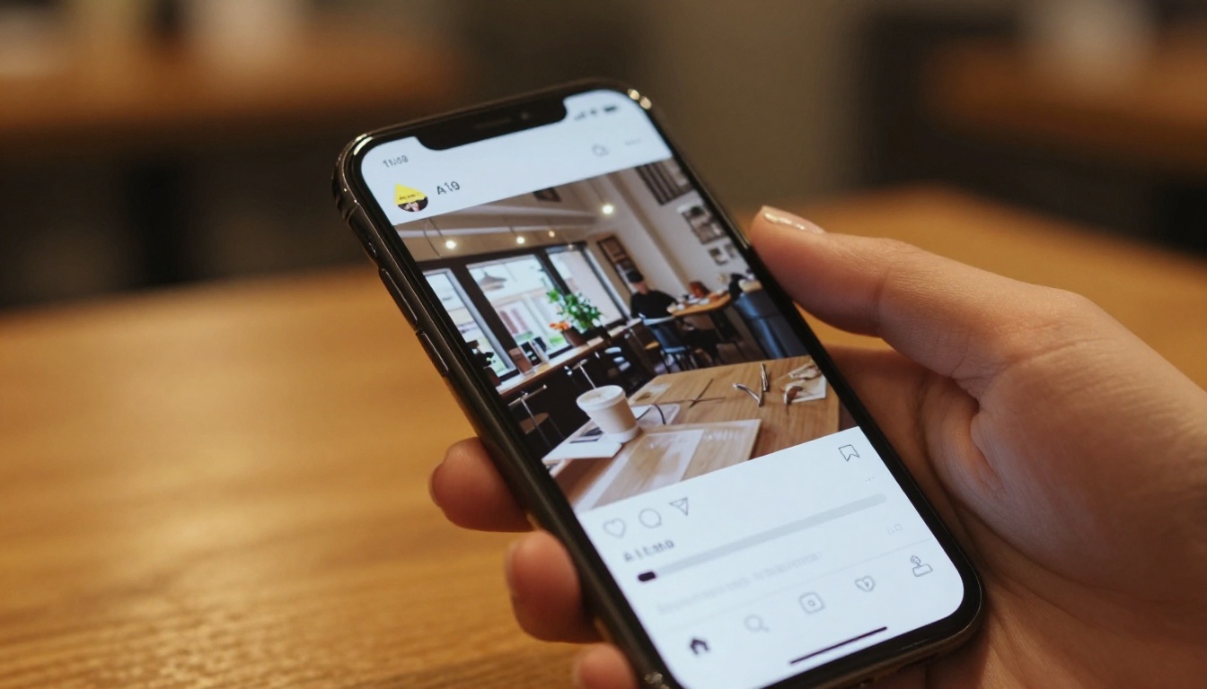 Smartphone screen with AI video app in coffee shop warm ambient light