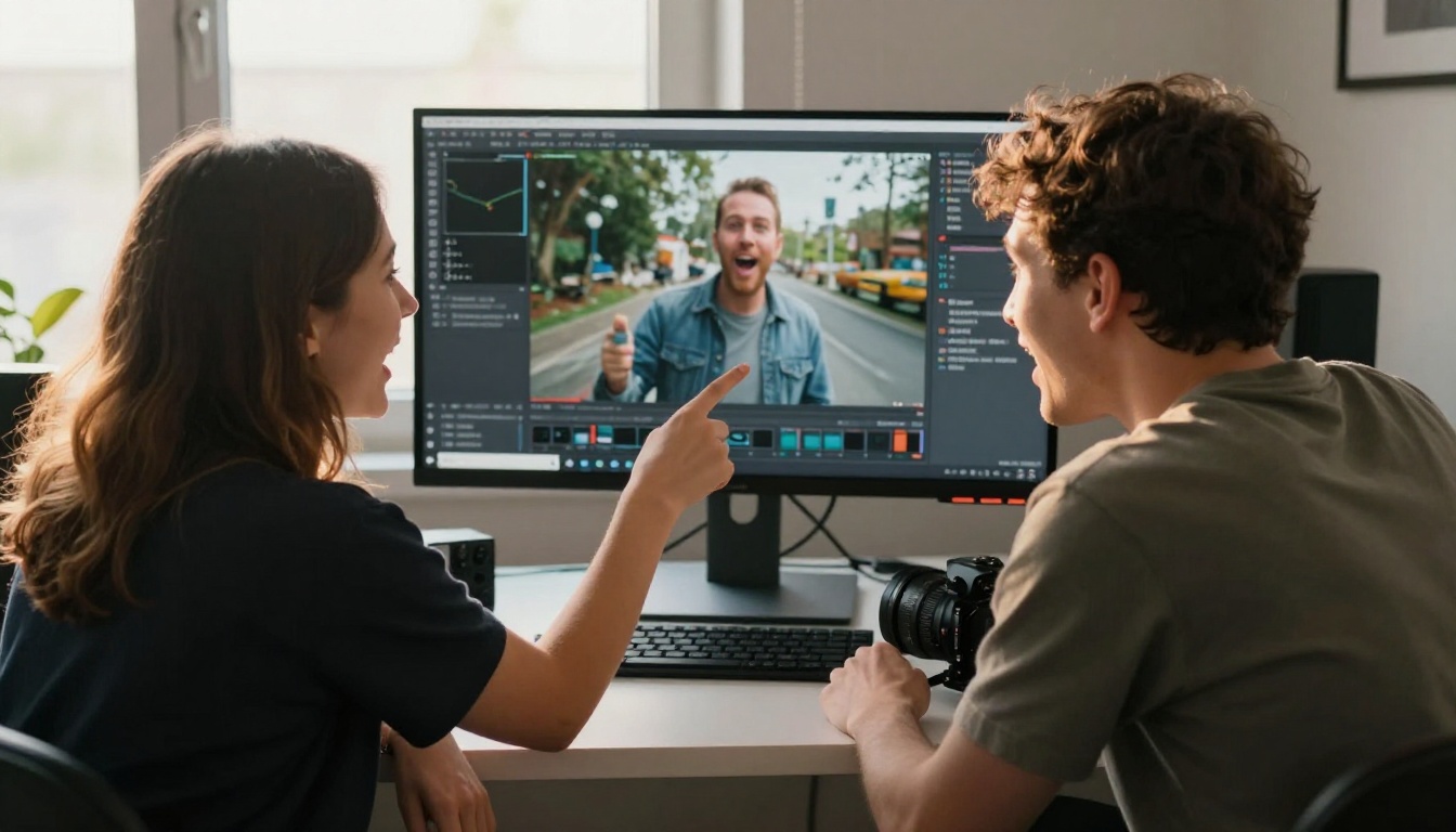 Two content creators collaborating and reviewing AI video footage