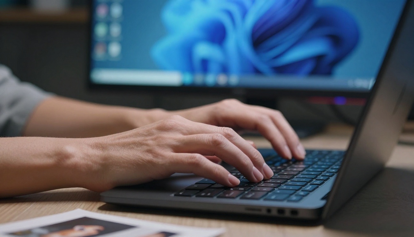 AI image generation workspace with professional setup showing hands at keyboard