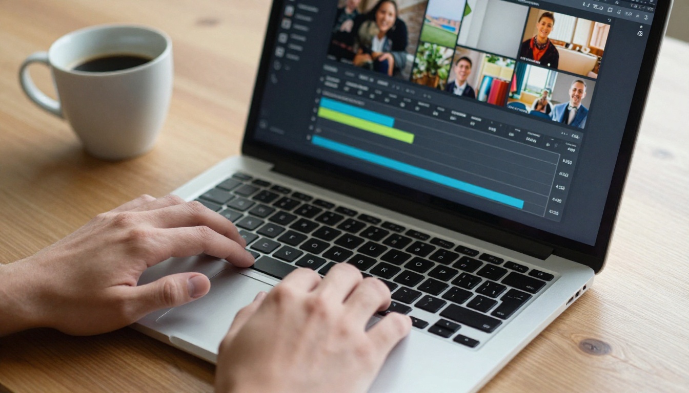 AI video interface visible on laptop screen from overhead angle