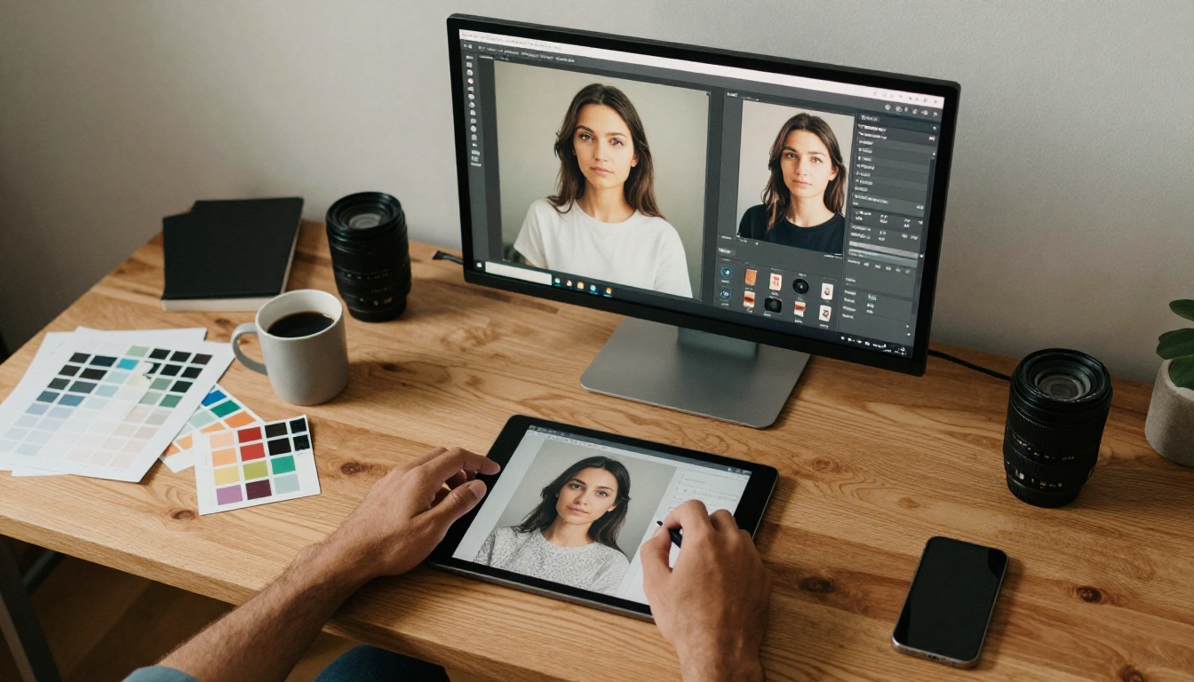 Graphic designer with dark skin tone working on a digital tablet at an organized desk with color swatches