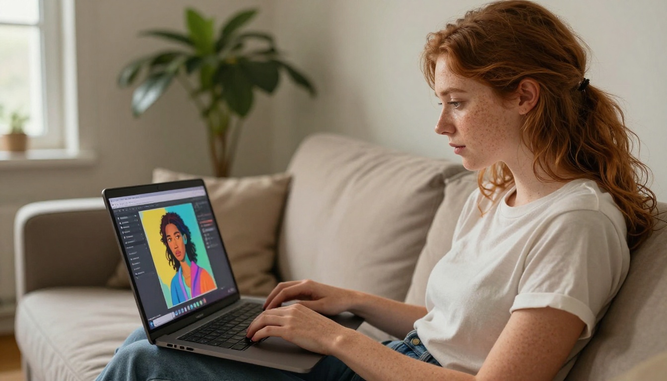 Designer reviewing AI-generated portrait images on a tablet at home