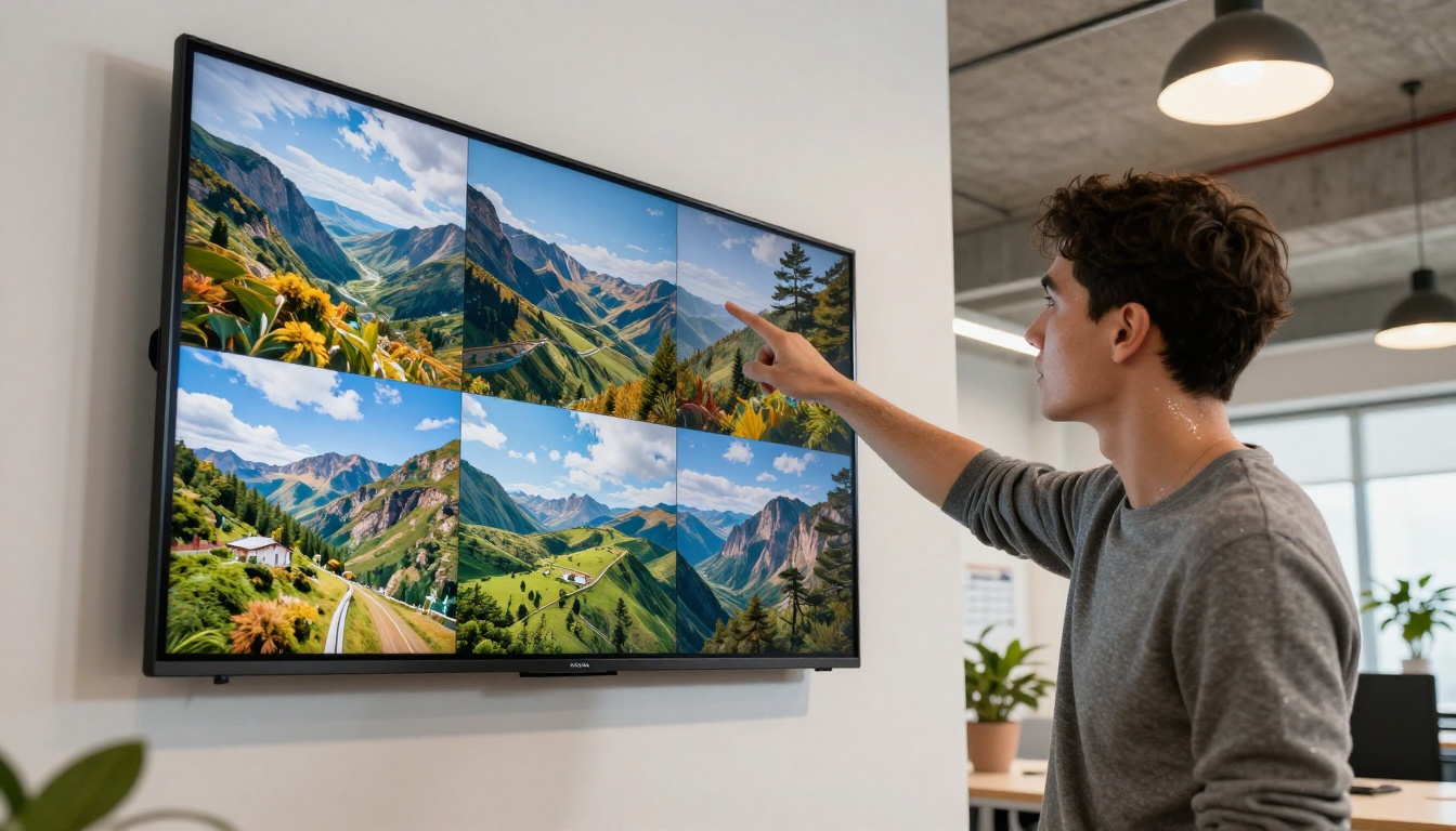 Two professionals collaborating over a large display showing AI-generated landscape photos in a modern office