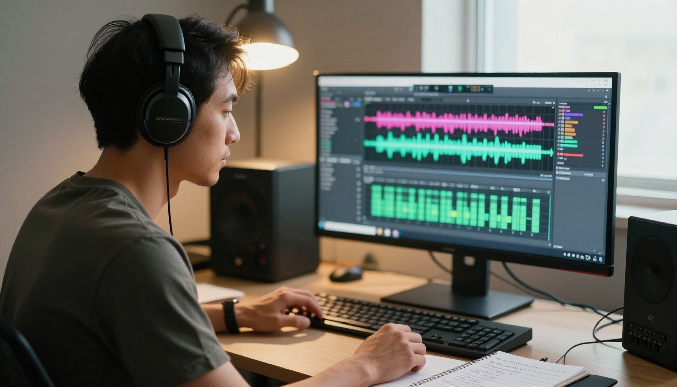 Music producer creating AI-generated soundtrack at studio desk