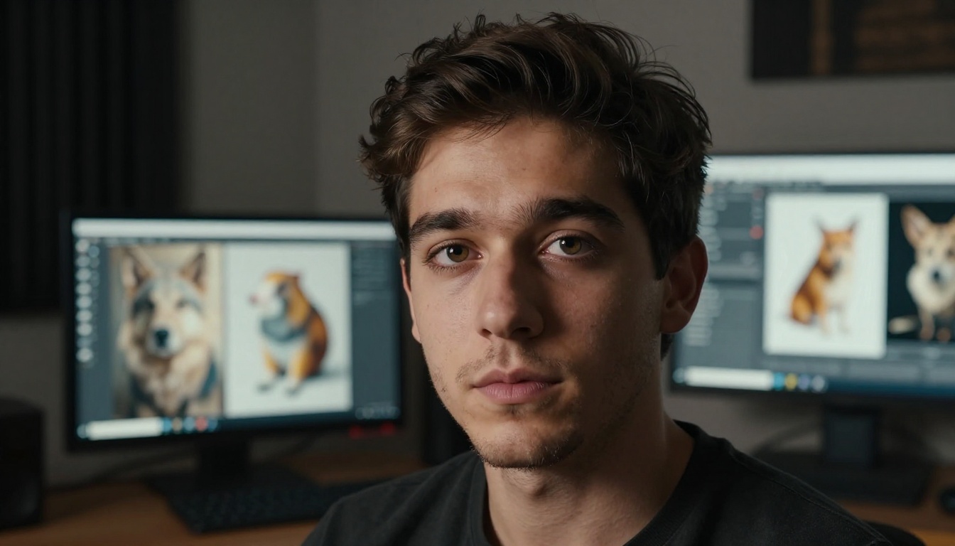 Man focused at a professional workstation with monitor glow illuminating his face