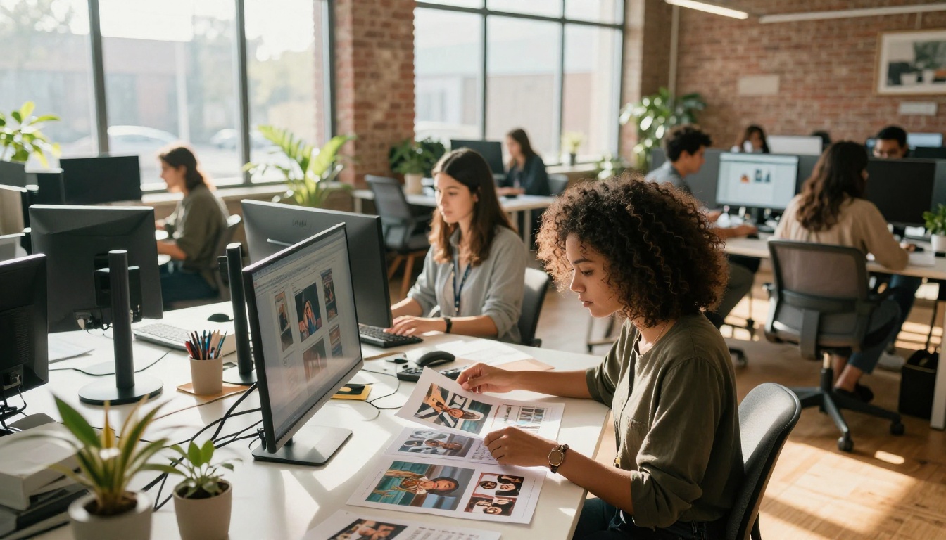 Creative professionals in a bright co-working space reviewing AI-generated images