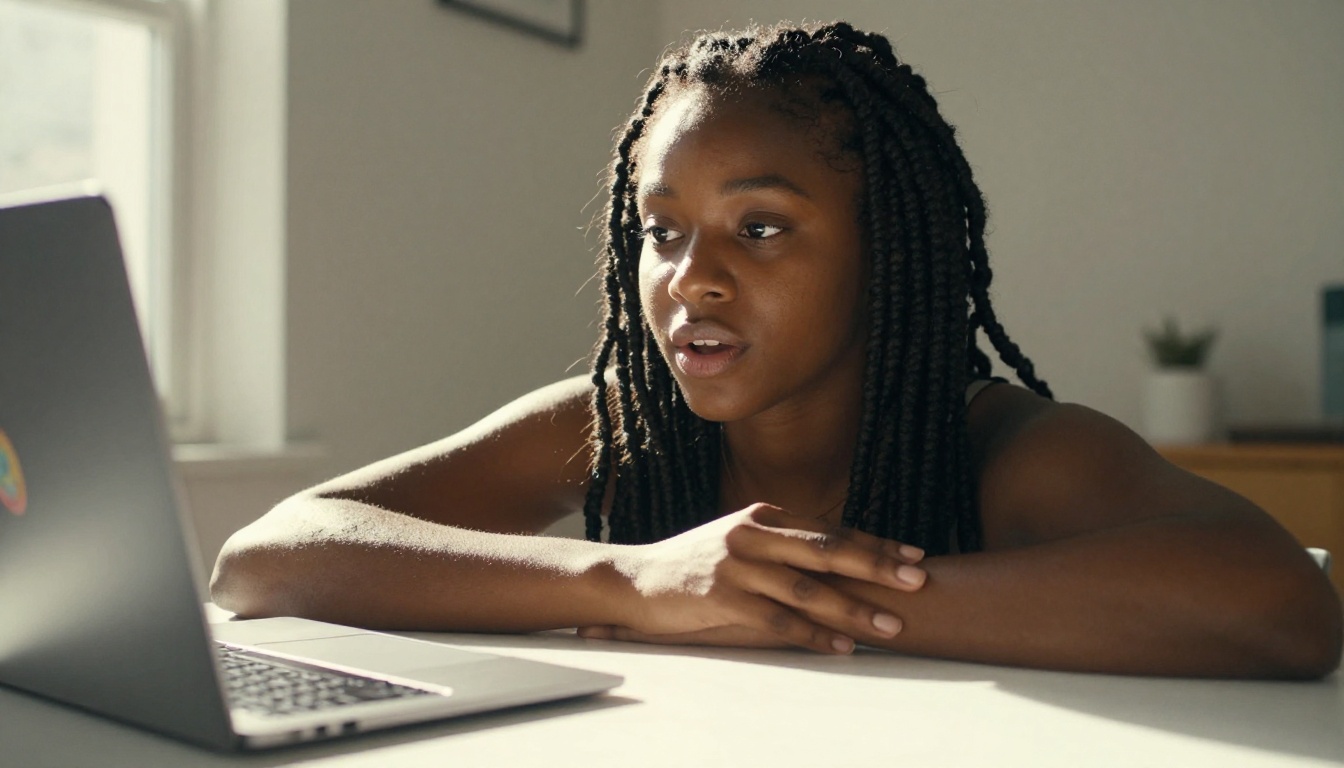 Black woman creator speaking to laptop in home studio setup