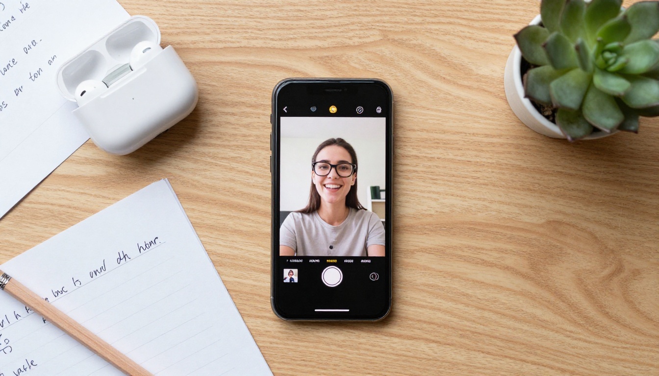Flat lay of TikTok creator workspace with phone showing vertical video