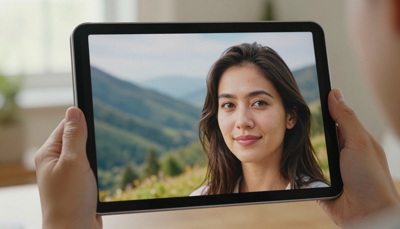 Woman holding a tablet outdoors viewing an AI-generated mountain landscape in warm afternoon light
