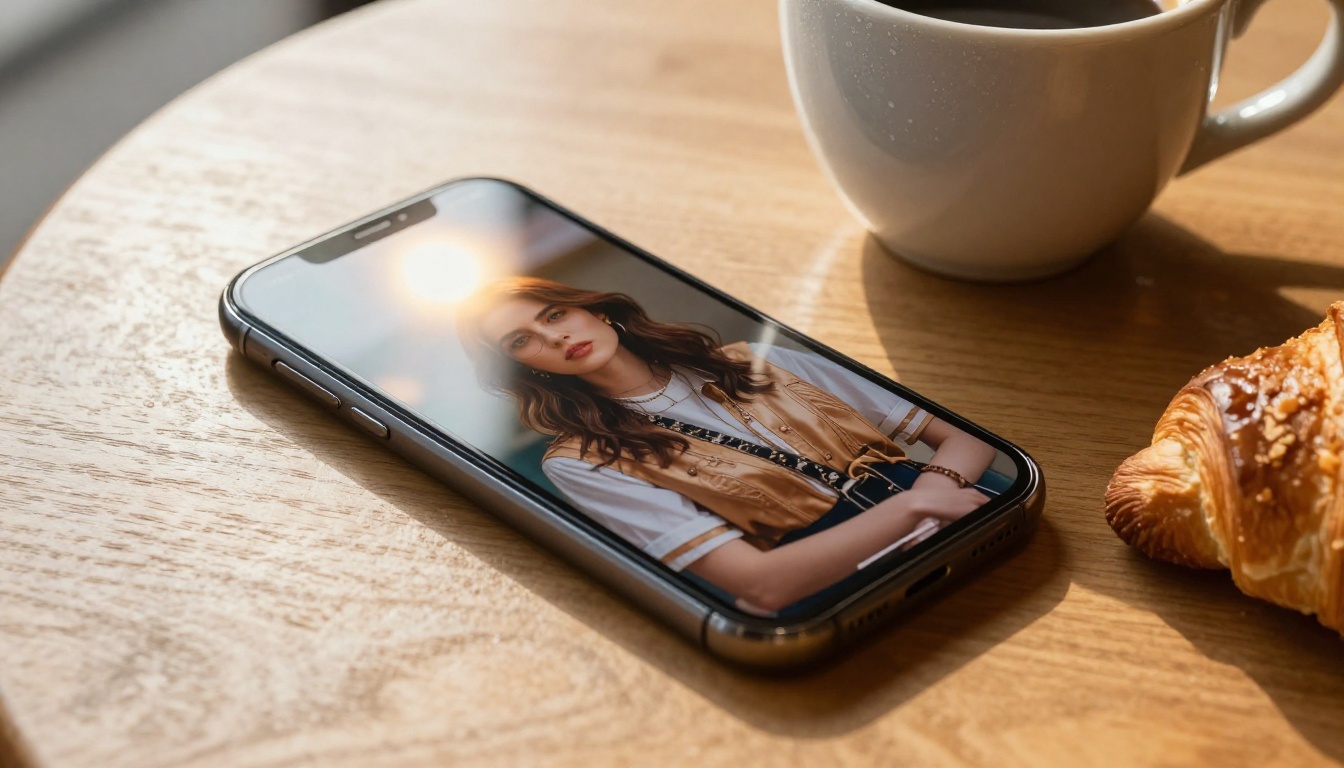 Smartphone on a cafe table displaying a fashion AI portrait with warm morning light