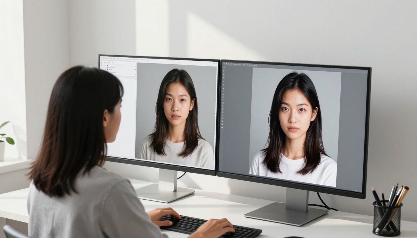 Creative professional comparing printed photographs at a bright minimalist home office