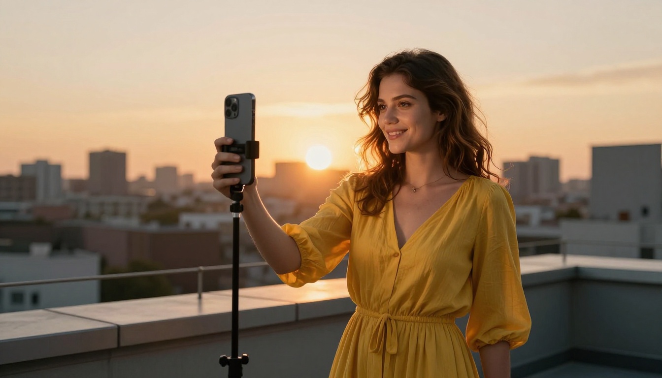 Young woman creator filming TikTok content outdoors on rooftop at golden hour