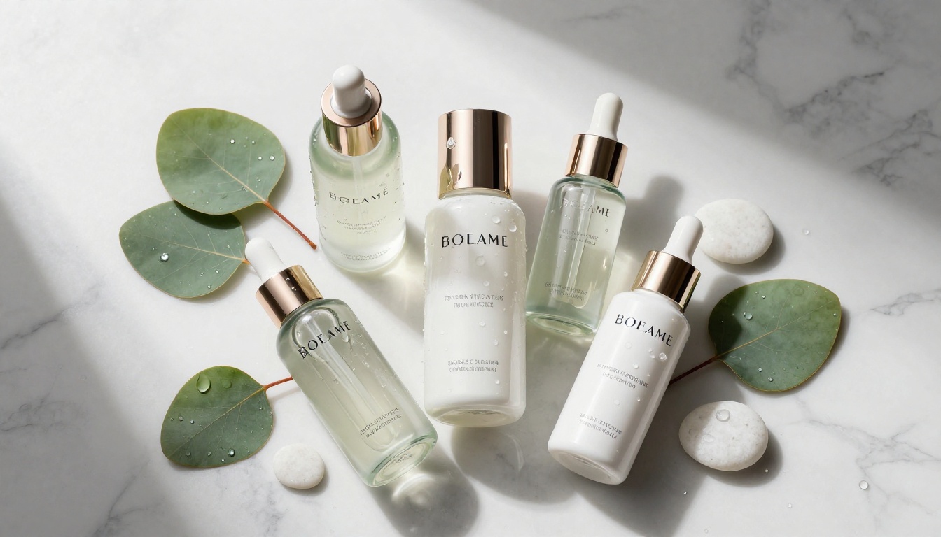 Premium skincare product photography overhead shot on white marble surface