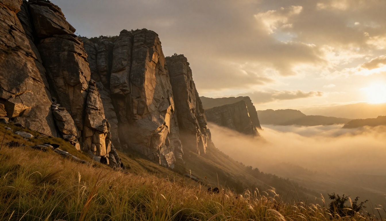 Dramatic golden hour landscape with ancient stone cliffs and misty valley
