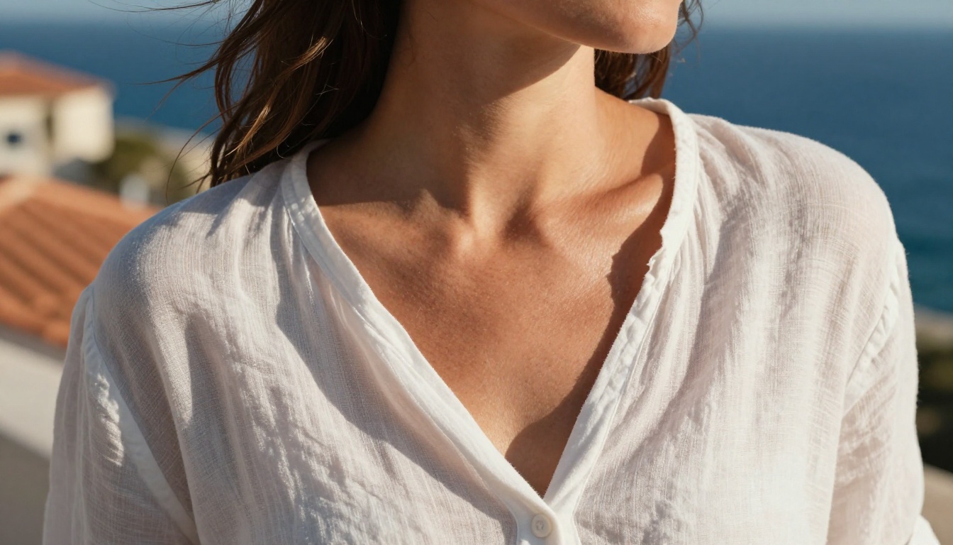 Woman in a translucent white linen shirt on a sun-washed Mediterranean terrace, 135mm telephoto lens, fine skin texture, photorealistic RAW 8K photography