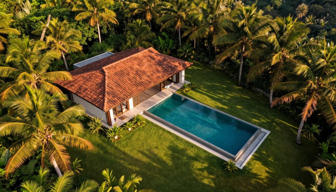 Aerial view of modern minimalist house with infinity pool overlooking tropical hillside