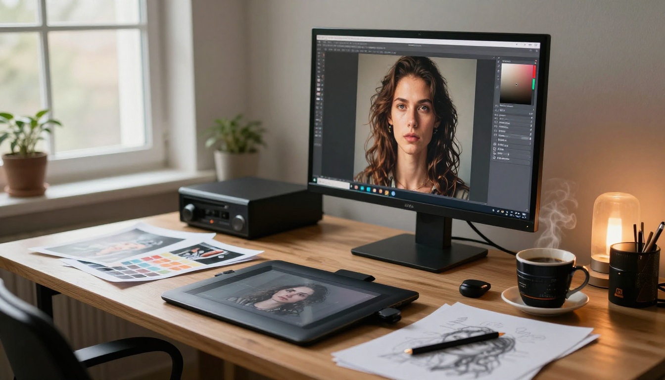 Digital artist's studio desk with monitor, Wacom tablet, and reference prints
