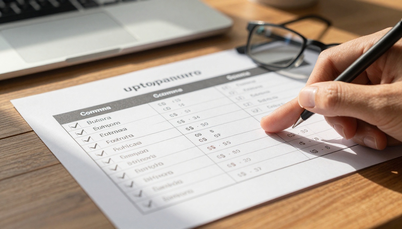 Pricing comparison chart on desk with hand pointing at a specific row