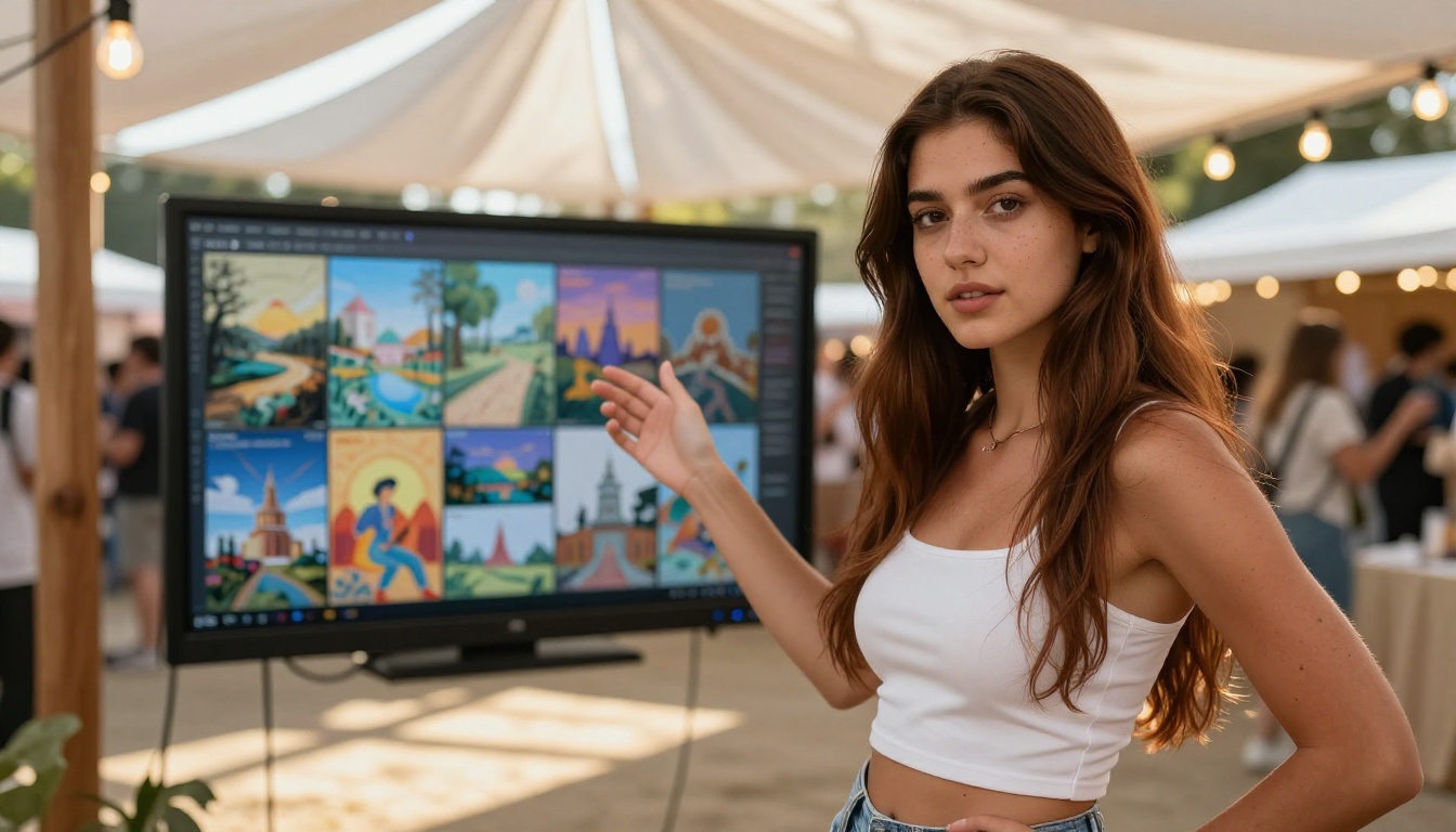 Woman standing in front of a monitor showcasing watermark-free AI-generated images at an outdoor creative festival