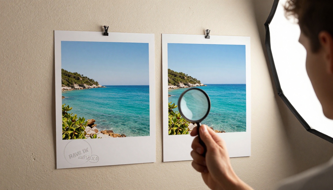Side-by-side comparison: a watermarked print versus a clean, pristine watermark-free image pinned to a studio wall