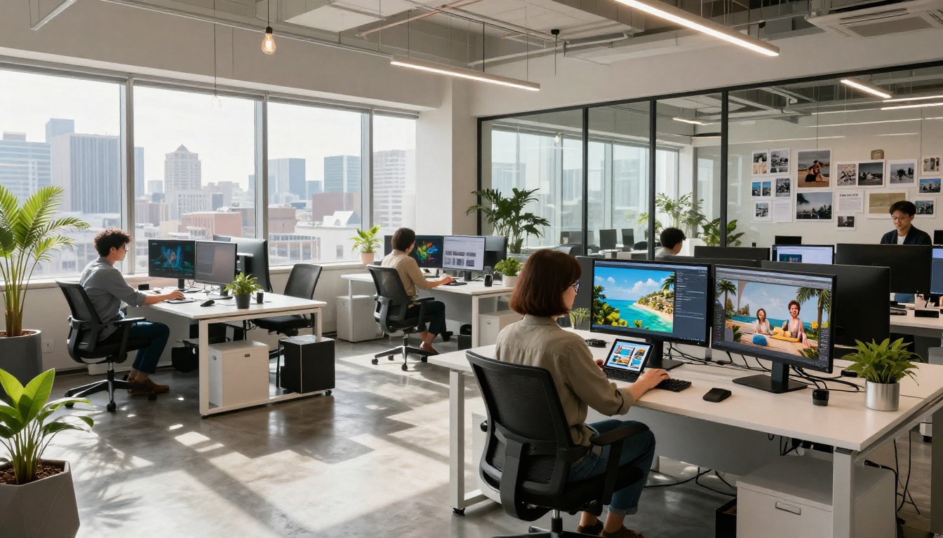 Wide-angle view of a modern creative agency with multiple monitors showing vivid AI-generated imagery on standing desks