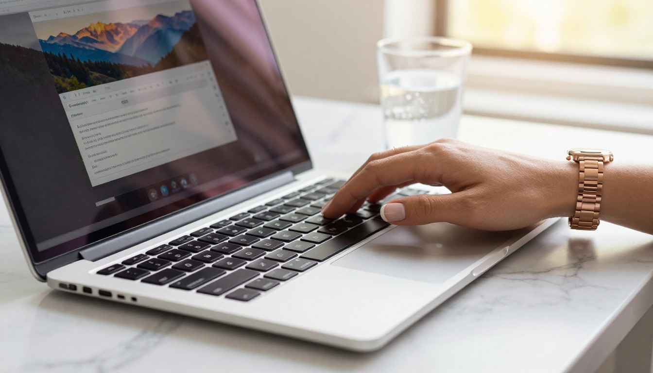 Woman's hands typing a text prompt on a MacBook with an AI-generated landscape visible on screen