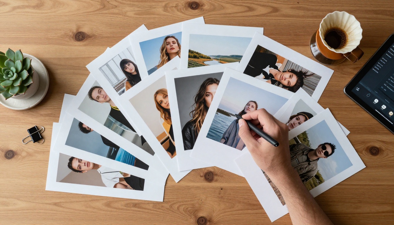 Aerial flat lay of printed watermark-free AI-generated photographs spread across a warm oak wooden desk with a tablet and coffee