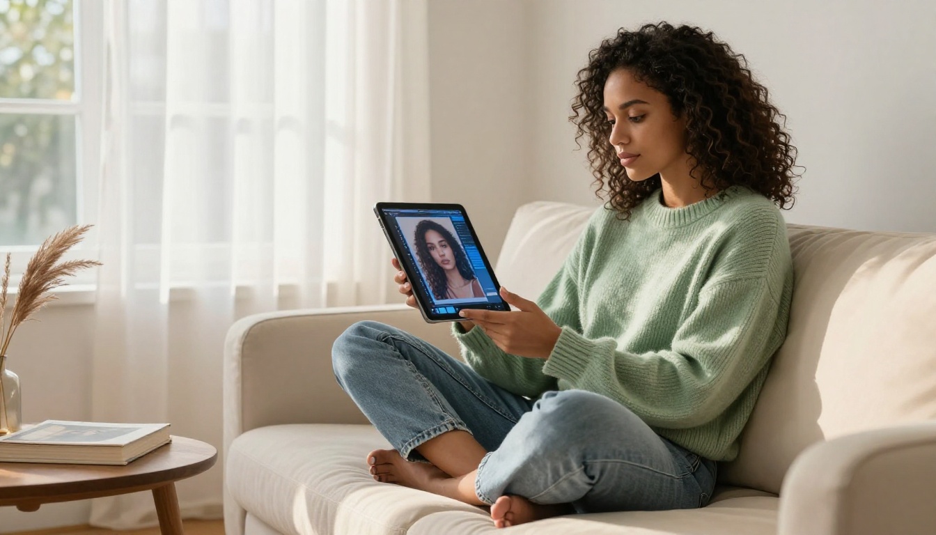 Young woman with natural curly hair sitting on a cream sofa, holding an iPad displaying a photorealistic AI-generated portrait