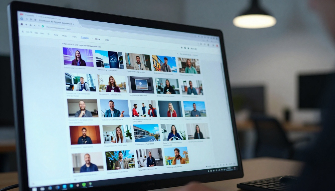 Close-up of a monitor displaying a comparison table of free AI image generator tools with thumbnail image examples