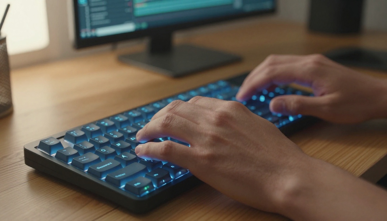 AI video creation setup with keyboard and monitor interface