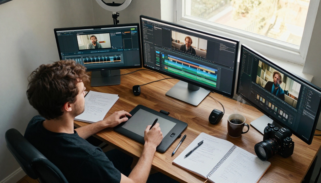 Aerial view of a full YouTube creator desk workspace with monitors, camera, and notebooks