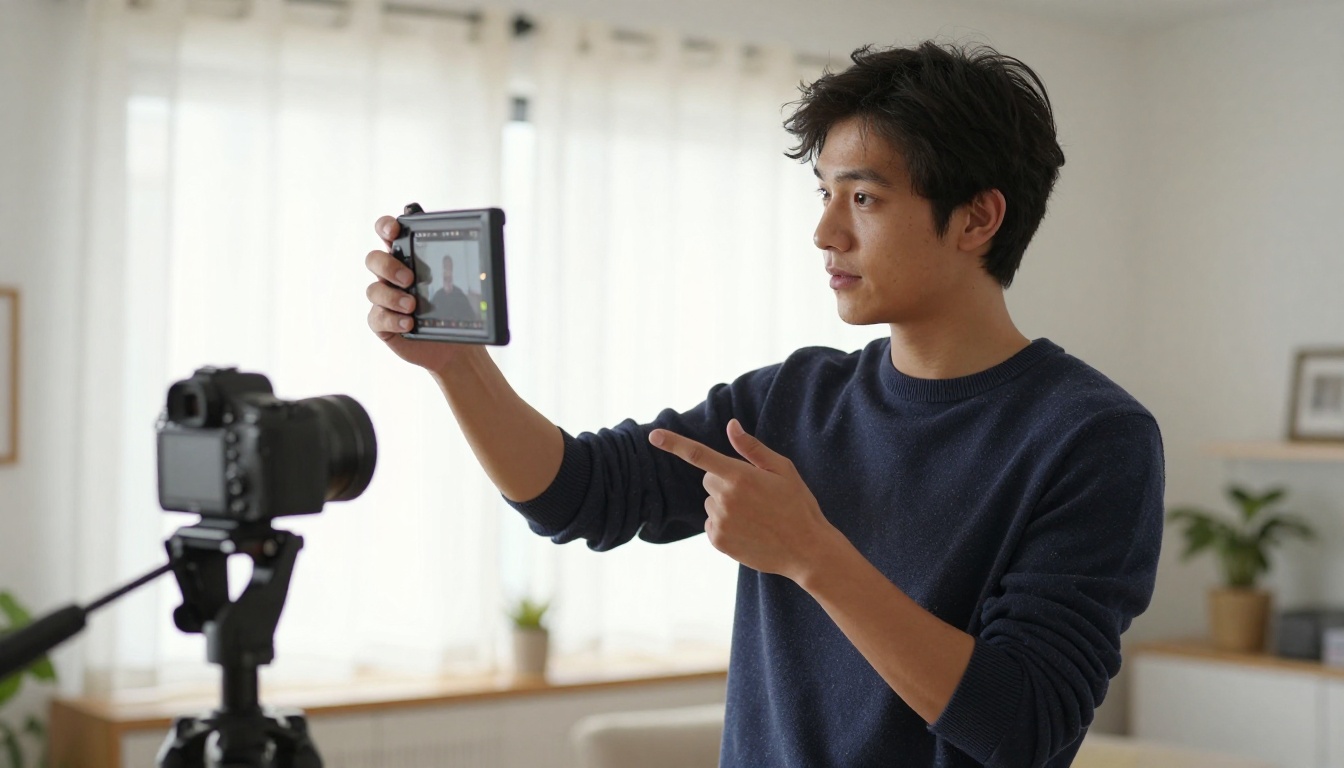 Male YouTube creator reviewing footage on a DSLR camera in a bright home studio
