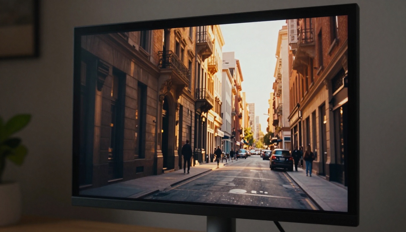 Professional monitor displaying a cinematic AI-generated golden-hour city street video frame